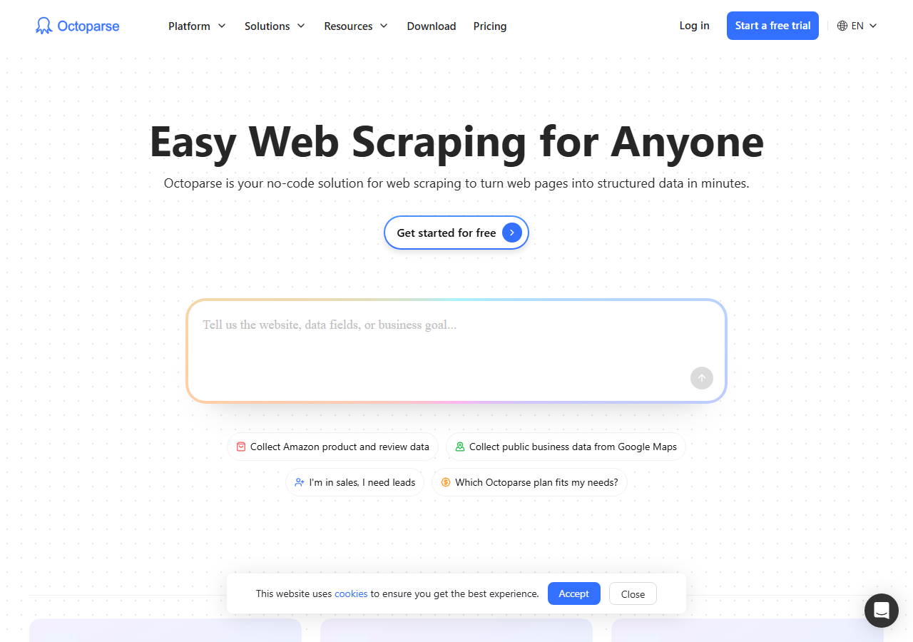 Octoparse homepage - no-code Android data scraper